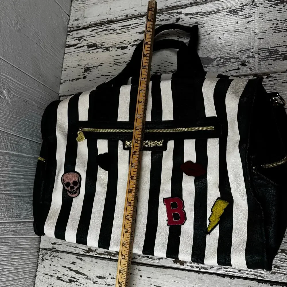 Betsey Johnson Striped Weekender Travel Duffle Bag Black White Floral Interior